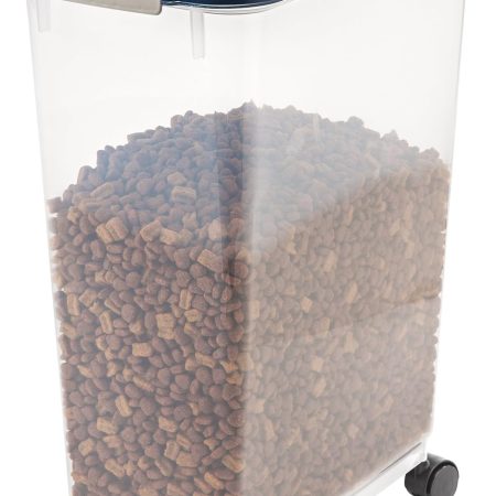 IRIS USA Airtight Dog Food Storage Container, Up to 38 lbs, Attachable Wheels, For Dog Cat Bird and Other Pet Food Storage Bin, Keep Fresh, Translucent Body, Easy Mobility, Navy